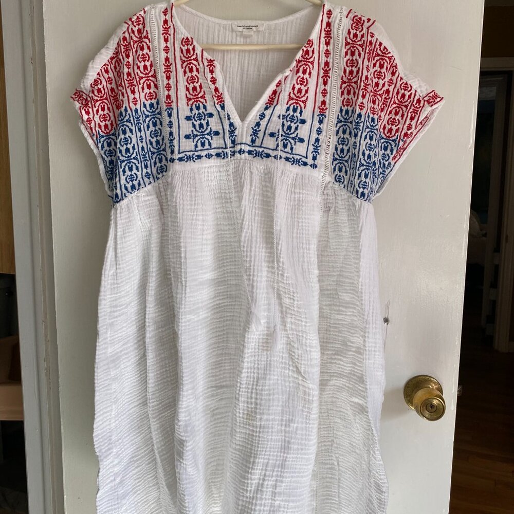 beachlunchlounge Red White Blue Embroidered ELSIE Cover-Up Gauzy Tunic Dress - L